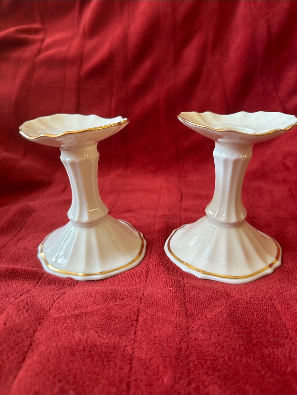 Lenox White Porcelain Candlestick Holders with Gold Trim - Pair